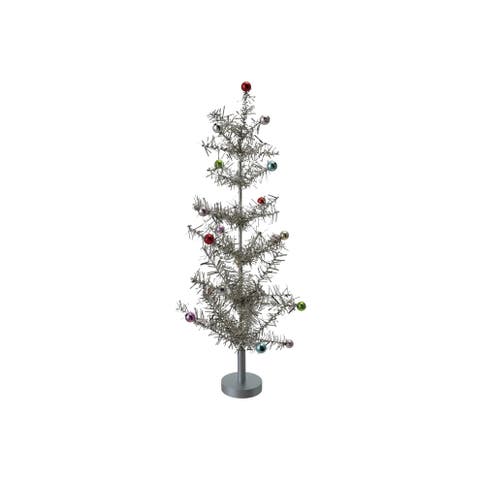 Large Tinsel Tree with Multicolor Ball Ornaments, Silver Finish