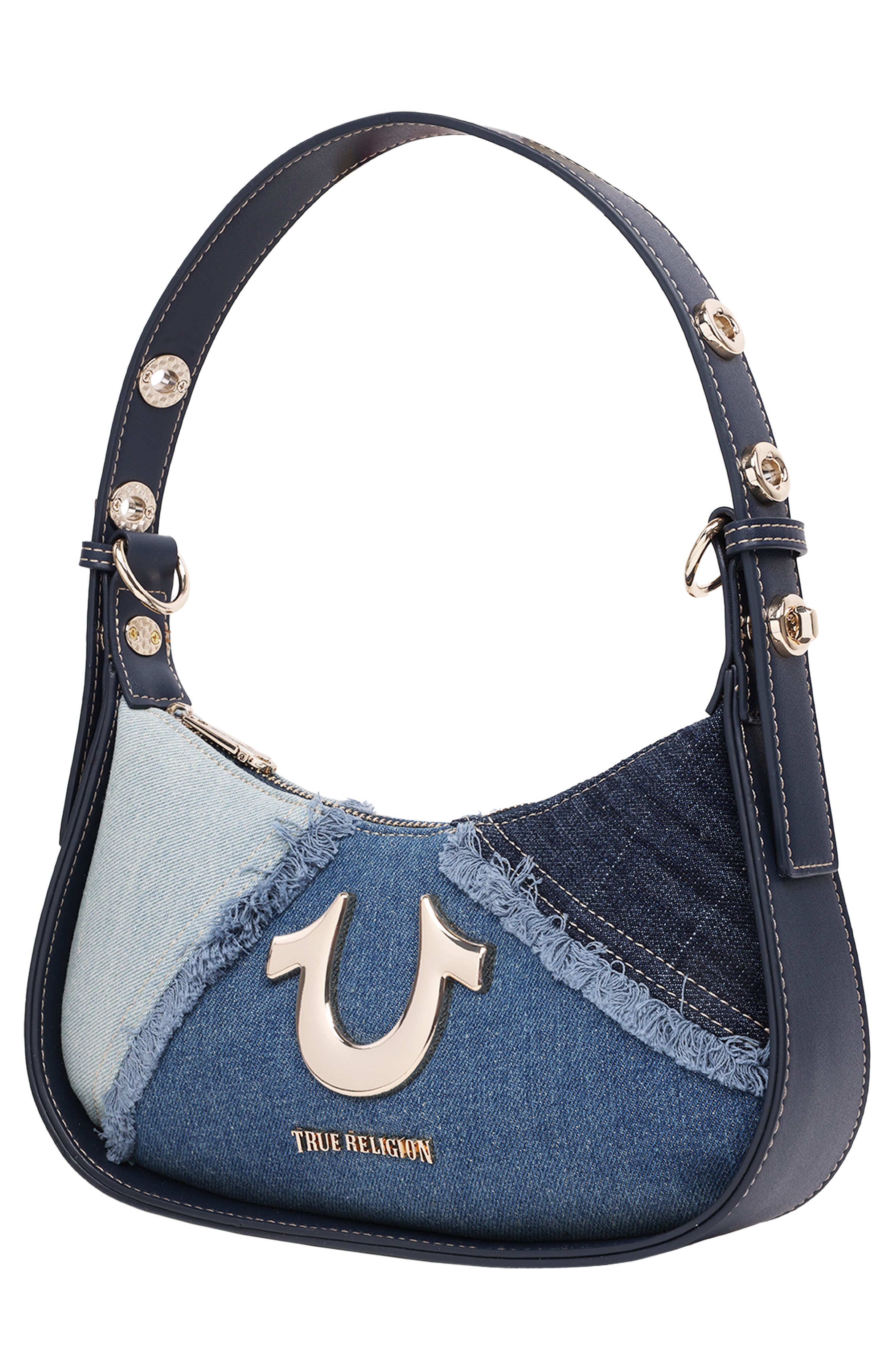 True Religion Frayed Denim Horseshoe Shoulder Bag, Alternate, color, Denim/ Blue