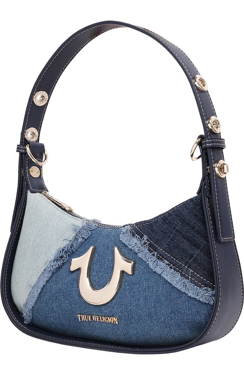 True Religion Frayed Denim Horseshoe Shoulder Bag, Alternate, color, Denim/ Blue