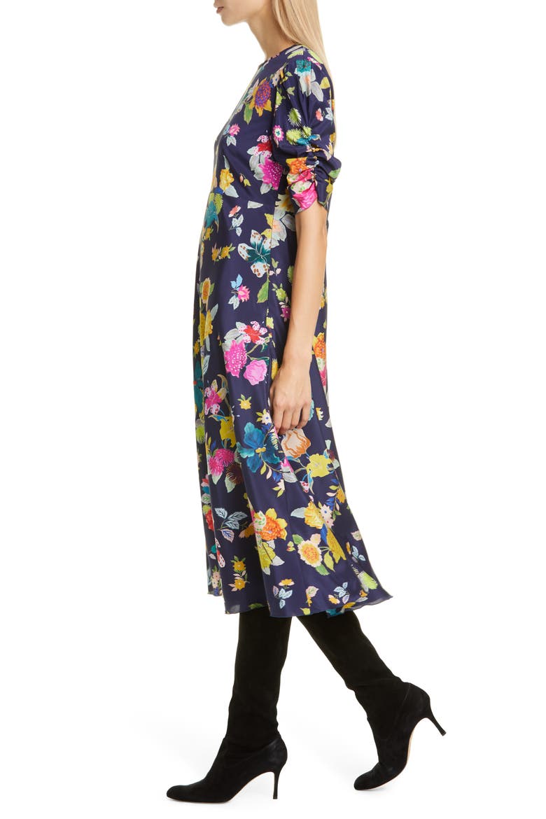 Floral Print Ruched Sleeve Midi Dress, Alternate, color, NAVY
