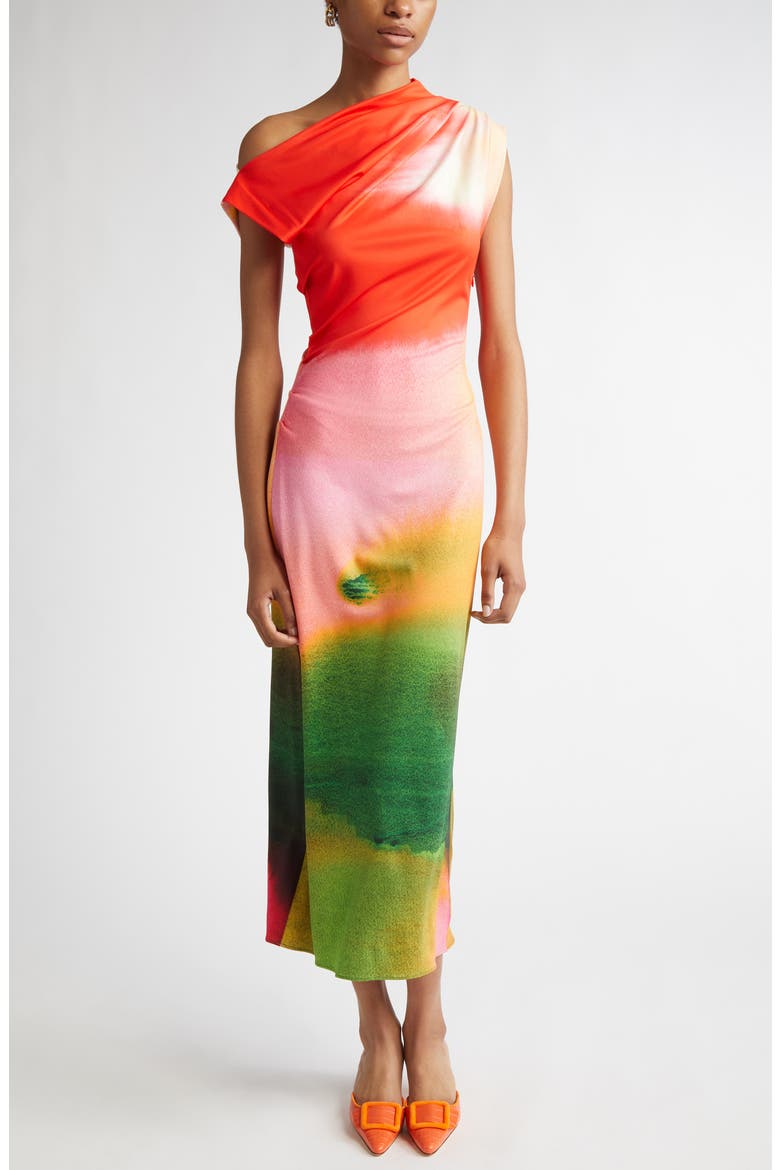 Abstract Watercolor One Shoulder Jersey Midi Dress, Main, color, VERMILLION MULT