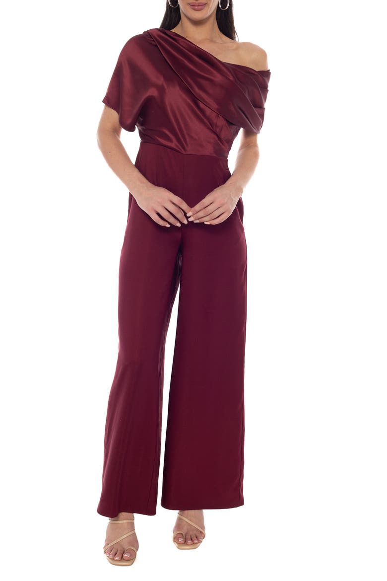 Satin & Twill One-Shoulder Jumpsuit, Main, color, WINE