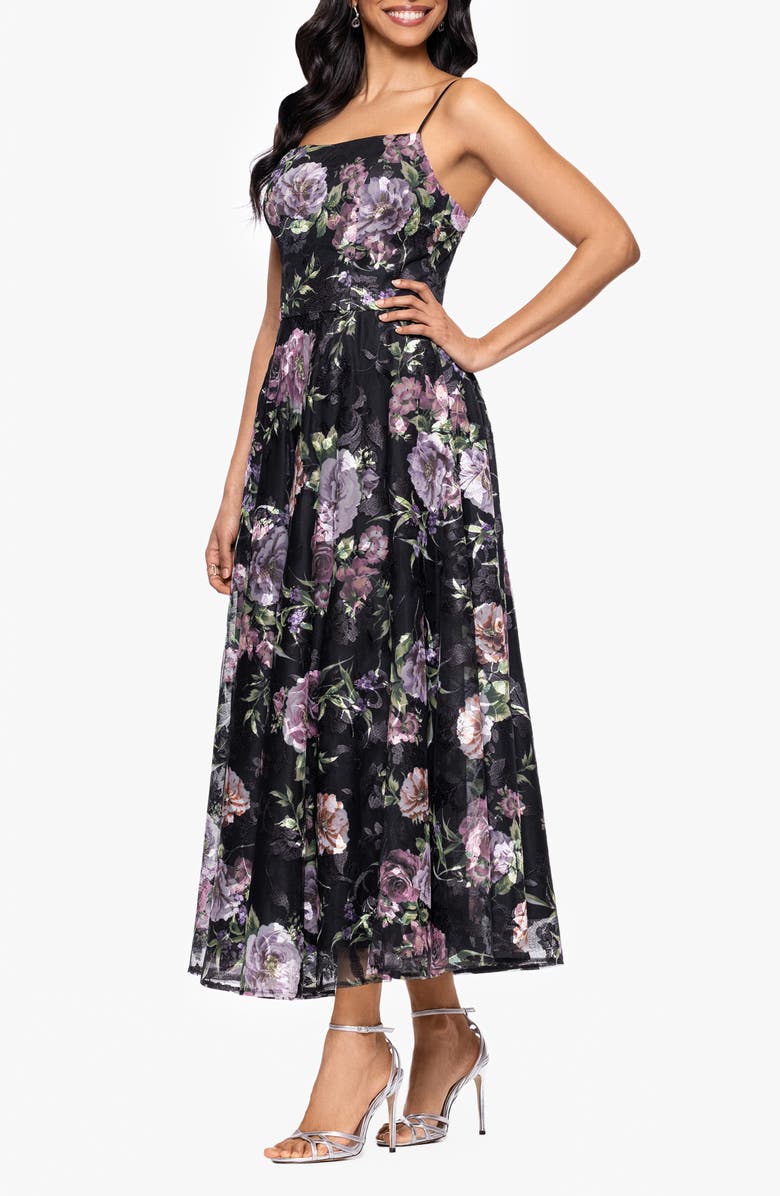 Betsy & Adam Print Embroidered Sleeveless Gown, Alternate, color, Black/Plum