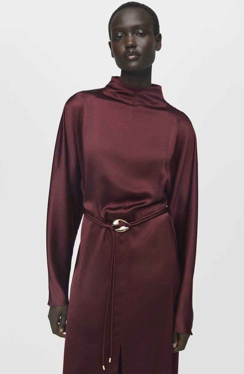 MANGO Long Sleeve Satin Midi Dress, Alternate, color, Maroon