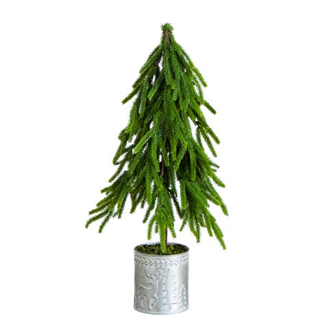 20-in Artificial Real Touch Down Swept Norfolk Island Pine in Christmas Tin Metal Planter with Natural Look
