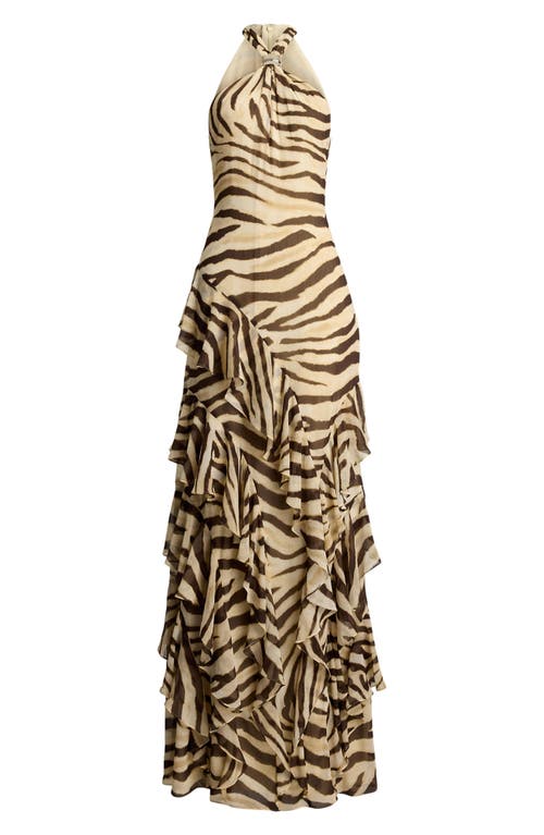 Ralph Lauren Zebra-print Ruffle-trim Georgette Gown In Brown