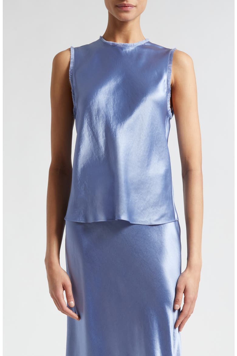 Frayed Edge Sleeveless Satin Shell, Main, color, AZURE GEM