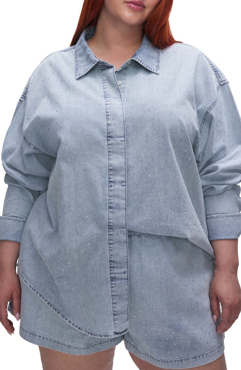 Good American Weekend Rhinestone Oversize Nonstretch Denim Button-Up Shirt, Alternate, color, Indigo499