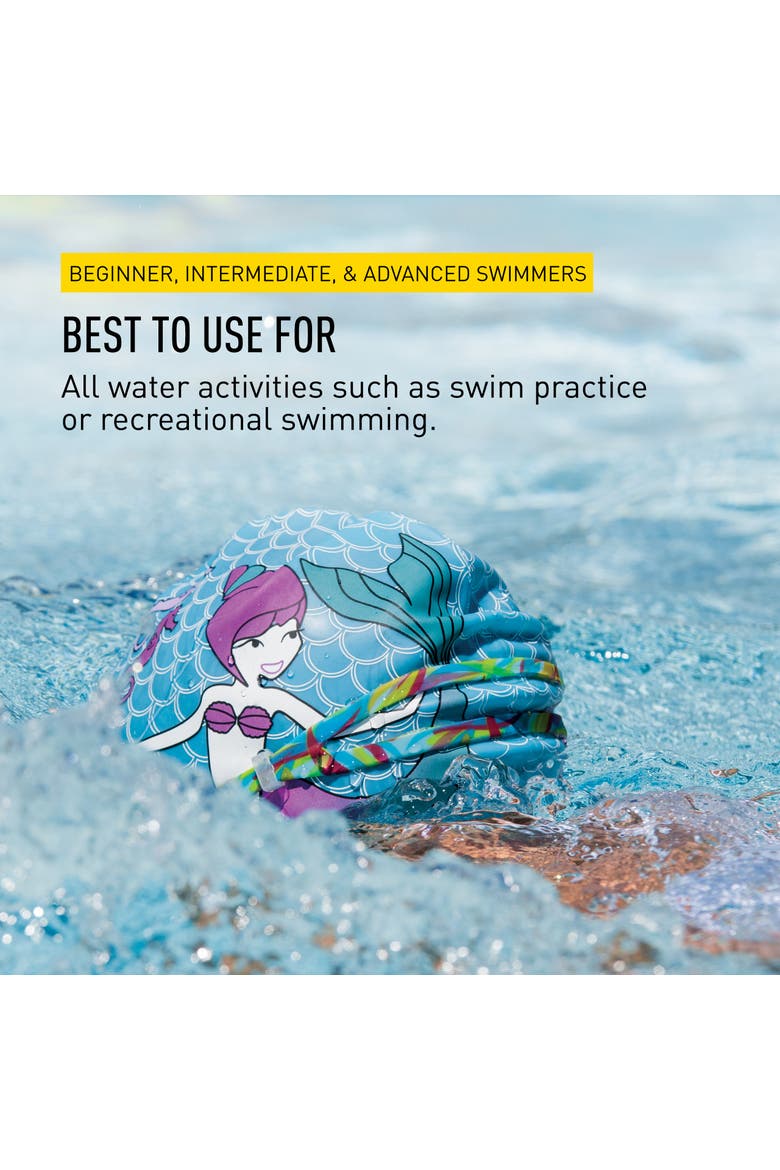 Mermaid Kids Swim Cap 100% Silicone Fun Prints Universal Fit Chlorine Protection, Alternate, color, Blue