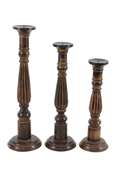 Brown Mango Wood Traditional Candle Holder - Set of 3