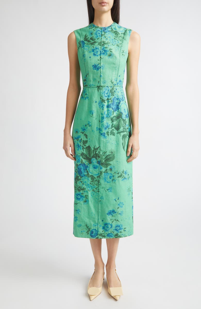 Erdem Floral Print Sleeveless Linen Midi Pencil Dress, Main, color, Rose Bouquet Sea Green