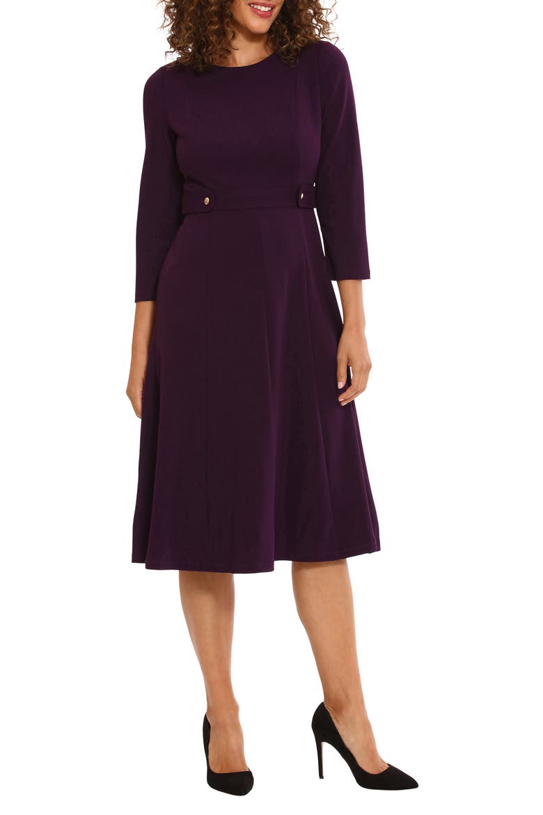 Gold Button Fit & Flare Dress, Main, color, LUXE PLUM