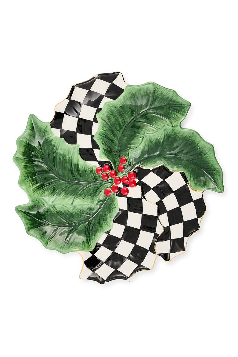 Holly Leaf Ceramic Serving Plate, Main, color, GREEN