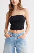 Open Edit Strapless Lace Overlay Crop Top