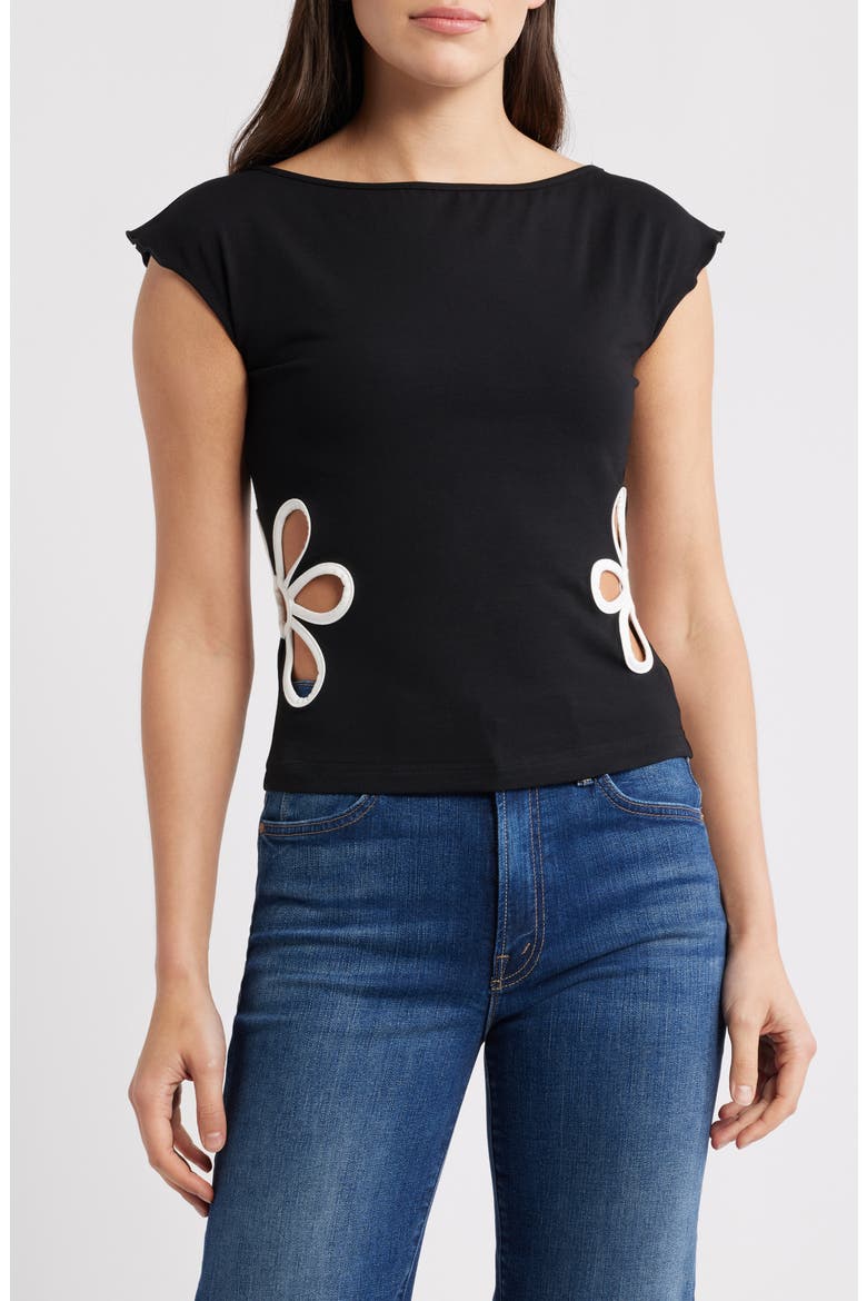 Currents Flower Cutout Cotton Blend Top, Main, color, BLACK