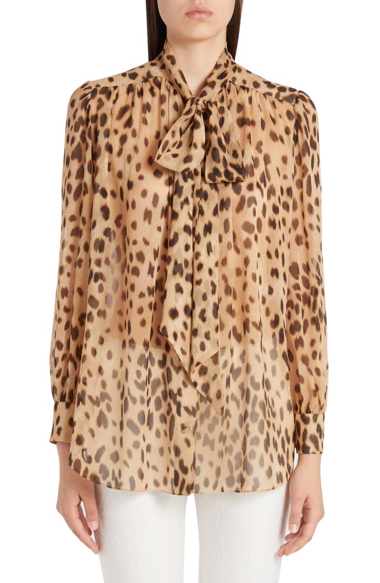 Etro Cheetah Print Tie Neck Silk Chiffon Blouse, Main, color, 