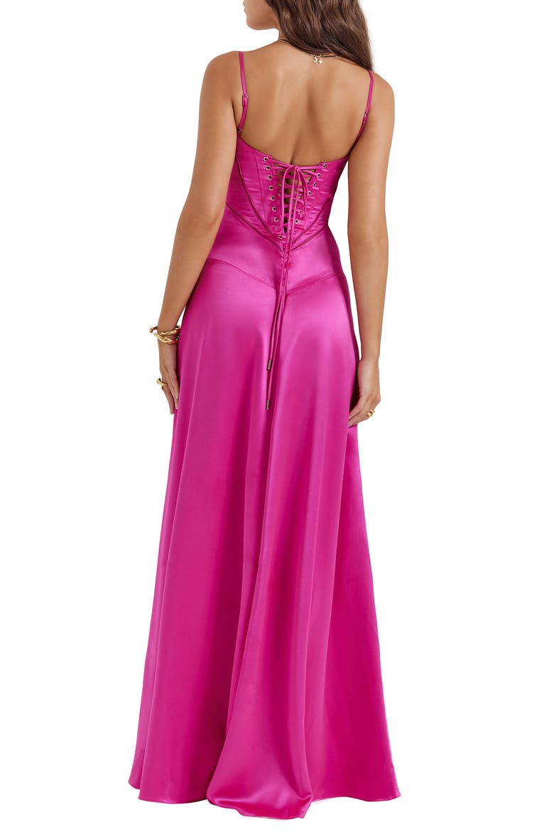 Anabella Lace-Up Satin Gown, Alternate, color, FUSCHIA