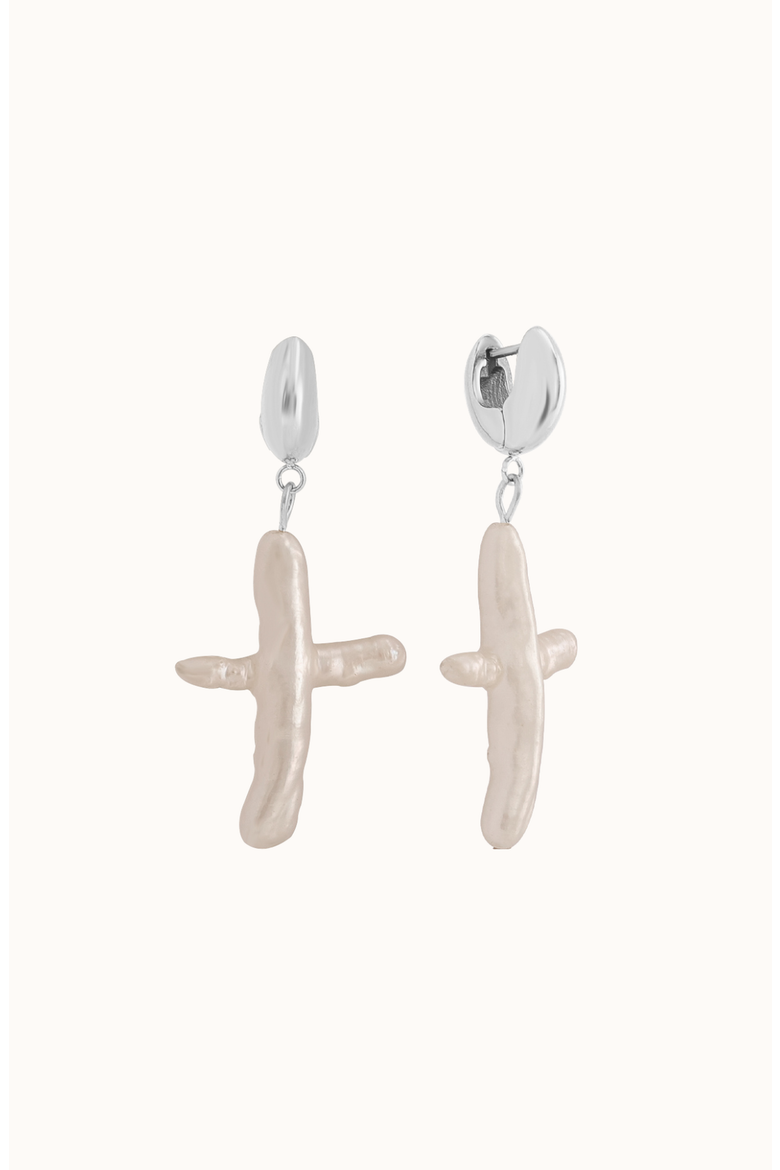 Colette Cross Earrings, Main, color, Huggie / White Silver