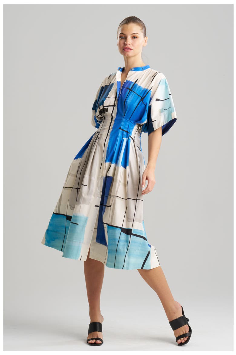 Sorairo - Printed Cotton Poplin Pleat Release Button Down Dress, Main, color, BLUE/GREY