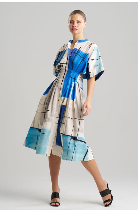 Sorairo - Printed Cotton Poplin Pleat Release Button Down Dress