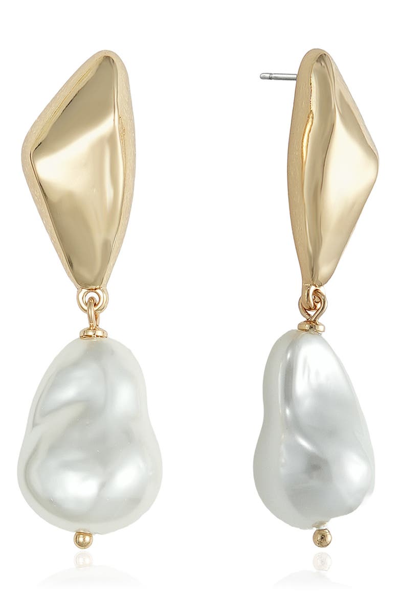 Geo Imitation Pearl Drop Earrings, Main, color, GOLD