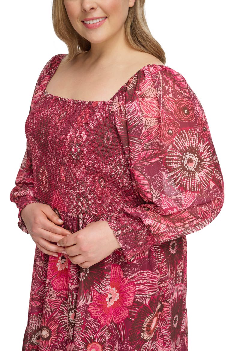 Floral Long Sleeve Smocked Chiffon Fit & Flare Dress, Alternate, color, BERRY