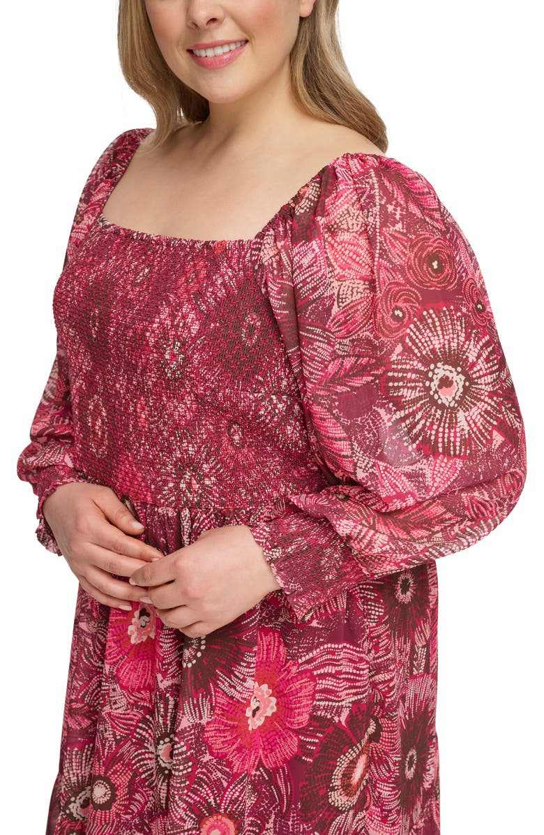Vince Camuto Floral Long Sleeve Smocked Chiffon Fit & Flare Dress, Alternate, color, Berry