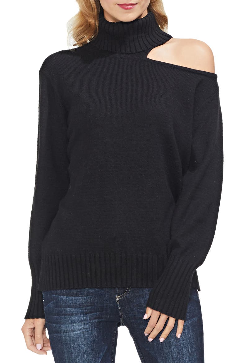 Asymmetrical Shoulder Cutout Turtleneck Cotton Blend Sweater, Main, color, RICH BLACK
