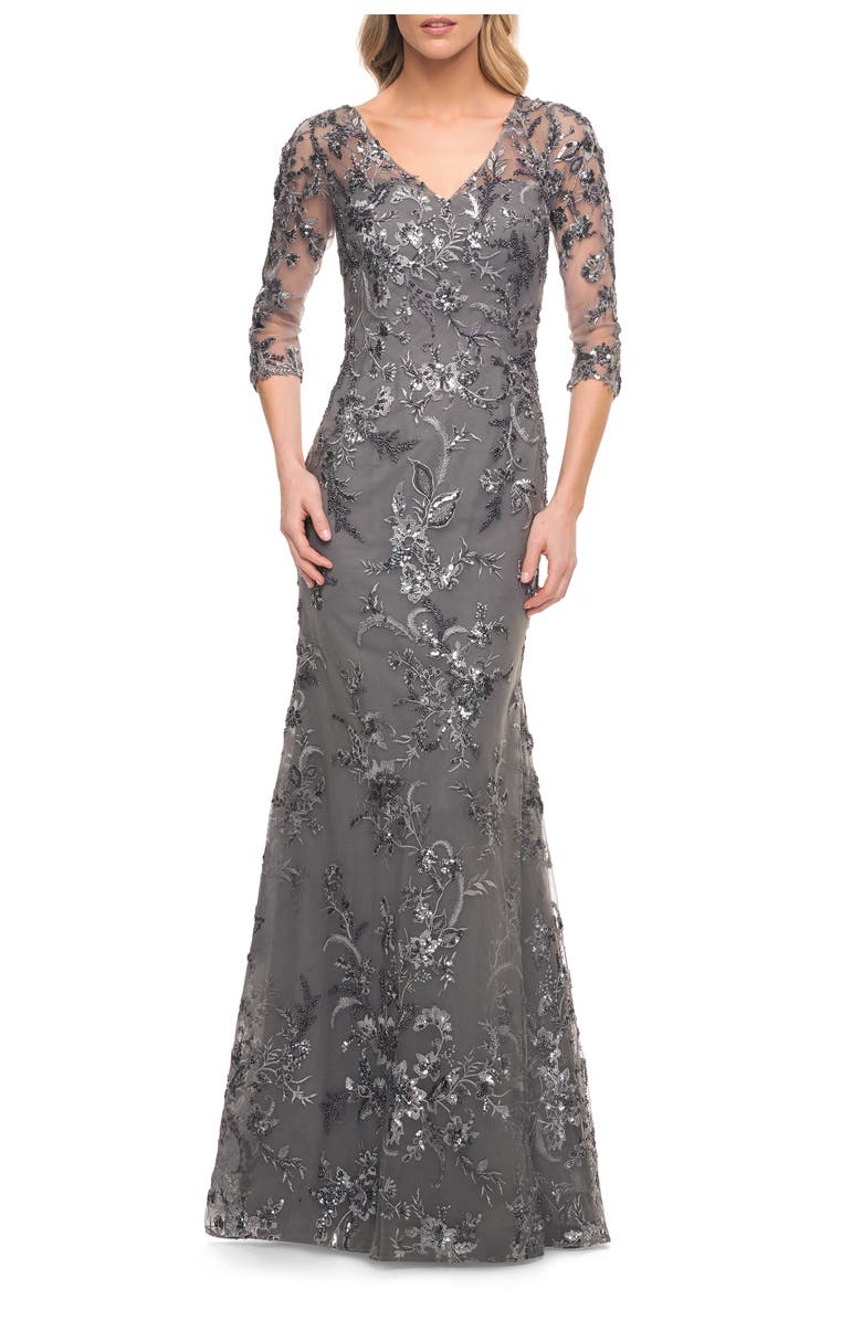 La Femme Exquisite Lace Beaded Long GOwn with Sheer Sleeves, Main, color, Gunmetal
