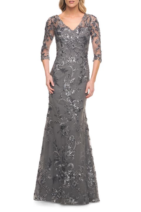 Exquisite Lace Beaded Long GOwn with Sheer Sleeves