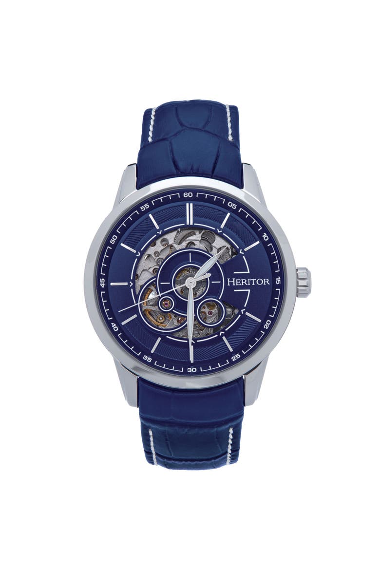 Davies Semi-Skeleton Leather-Band Watch, Main, color, Silver/Navy