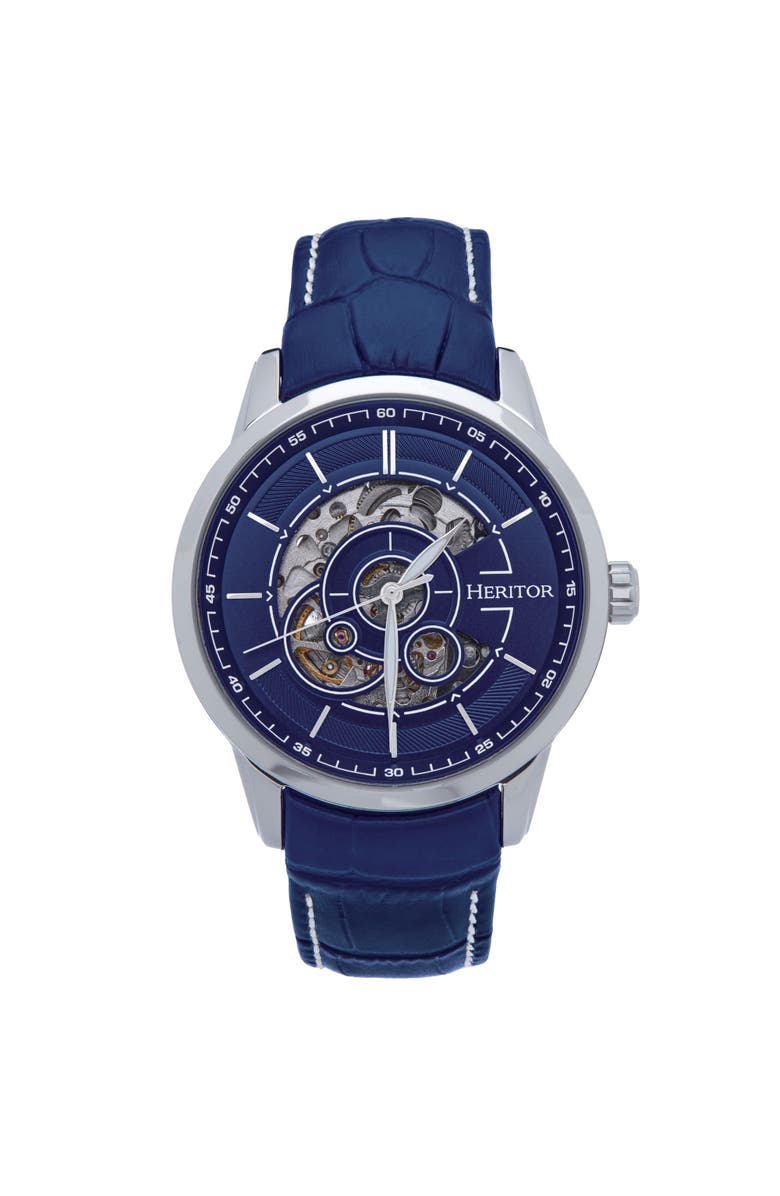 Heritor Automatic Davies Semi-Skeleton Leather-Band Watch, Main, color, Silver/Navy