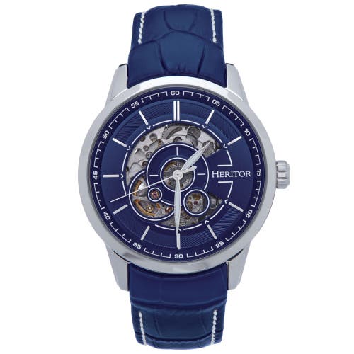 Heritor Automatic Davies Semi-Skeleton Leather-Band Watch in Silver/navy at Nordstrom