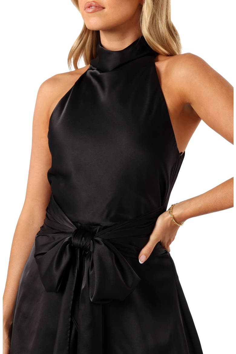 Odilia Funnel Neck Satin Romper, Alternate, color, BLACK
