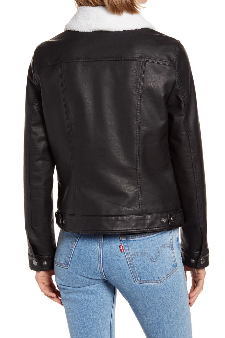 Levi's® Faux Leather Trucker Jacket with Faux Shearling Collar, Alternate, color, BLACK