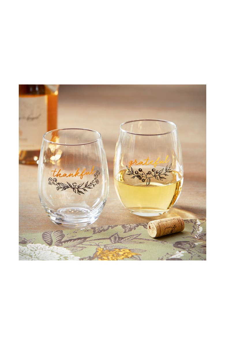 tag Thankful Sentiment Clear Stemless Wine Glass Dishwasher Safe, Alternate, color, Multicolored