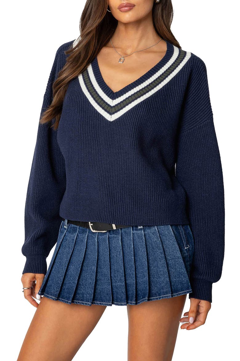 Lauryl Stripe Trim V-Neck Sweater, Main, color, NAVY