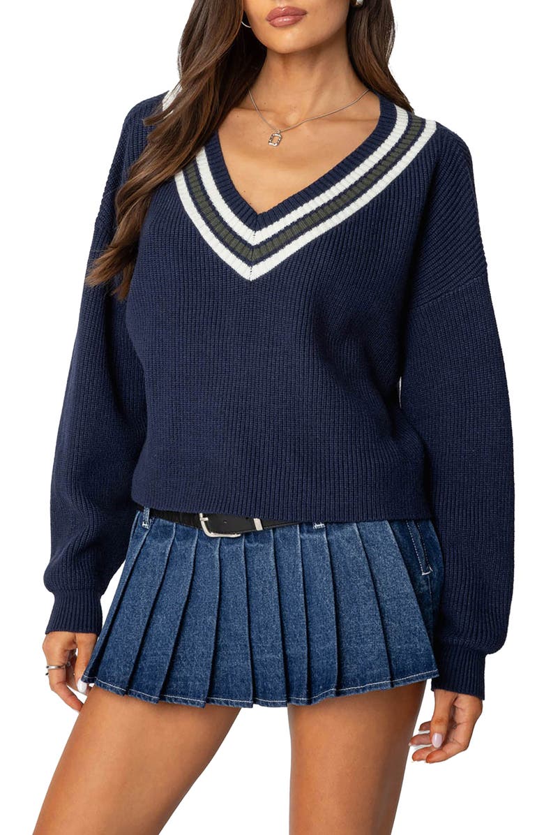 EDIKTED Lauryl Stripe Trim V-Neck Sweater, Main, color, Navy