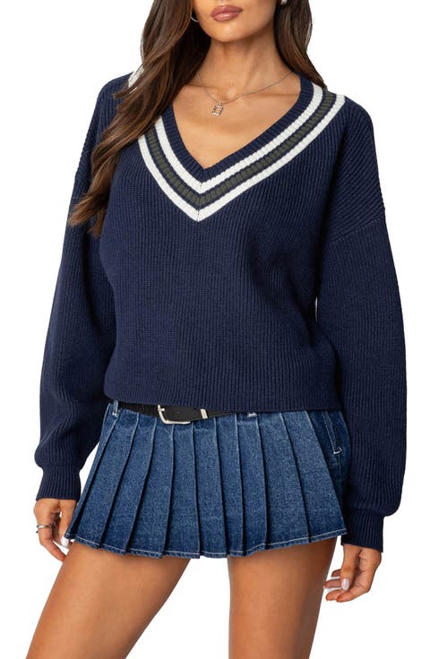 Lauryl Stripe Trim V-Neck Sweater