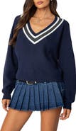 EDIKTED Lauryl Stripe Trim V-Neck Sweater