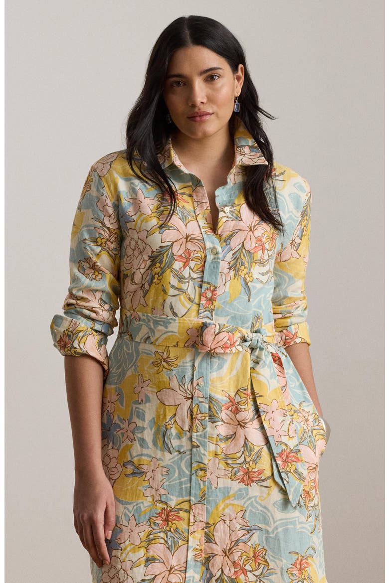 Floral Print Long Sleeve Linen Midi Shirtdress, Alternate, color, CREAM MULTI