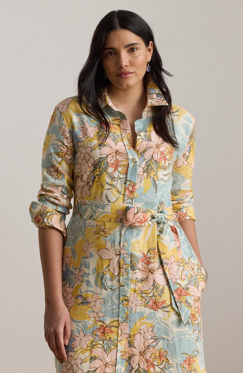 Lauren Ralph Lauren Floral Print Long Sleeve Linen Midi Shirtdress, Alternate, color, Cream Multi
