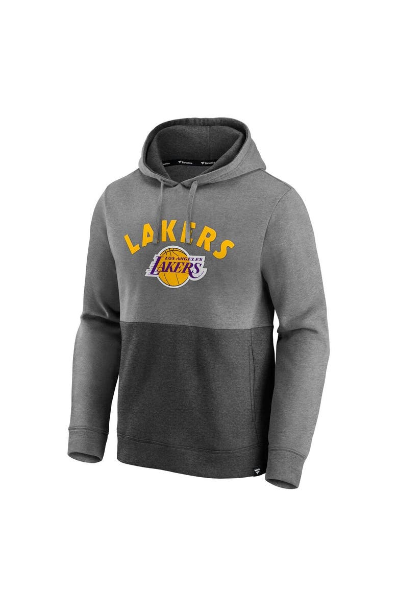 FANATICS Men's Fanatics Branded Heathered Charcoal/Black Los Angeles Lakers Block Party Applique Color Block Pullover Hoodie, Alternate, color, 