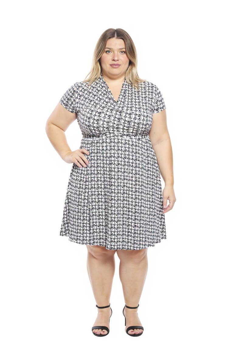 24seven Comfort Apparel Plus Size Geometric V-Neck Faux Wrap Knee Length A-Line Dress, Main, color, Black Multi