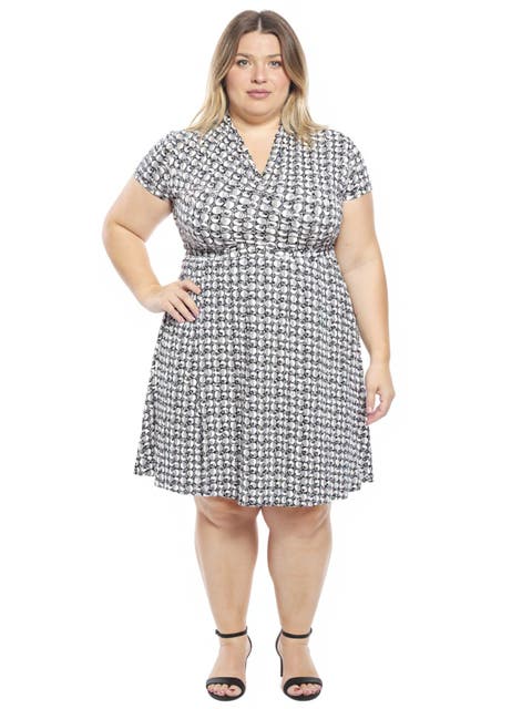Plus Size Geometric V-Neck Faux Wrap Knee Length A-Line Dress