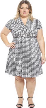 24seven Comfort Apparel Plus Size Geometric V-Neck Faux Wrap Knee Length A-Line Dress