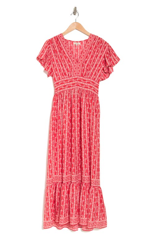 Max Studio Flutter Sleeve Floral Tiered Maxi Dress In Red/ivory Acorn Climber