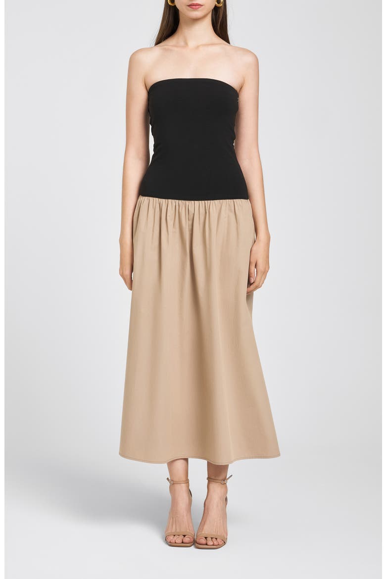 Kierstin Strapless Midi Dress, Alternate, color, BLACK / KHAKI