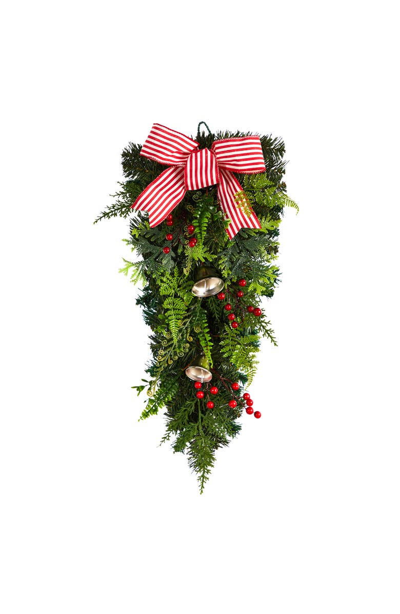 NEARLY NATURAL 26-in Holiday Christmas Bells and Bow Artificial Swag, Main, color, Green