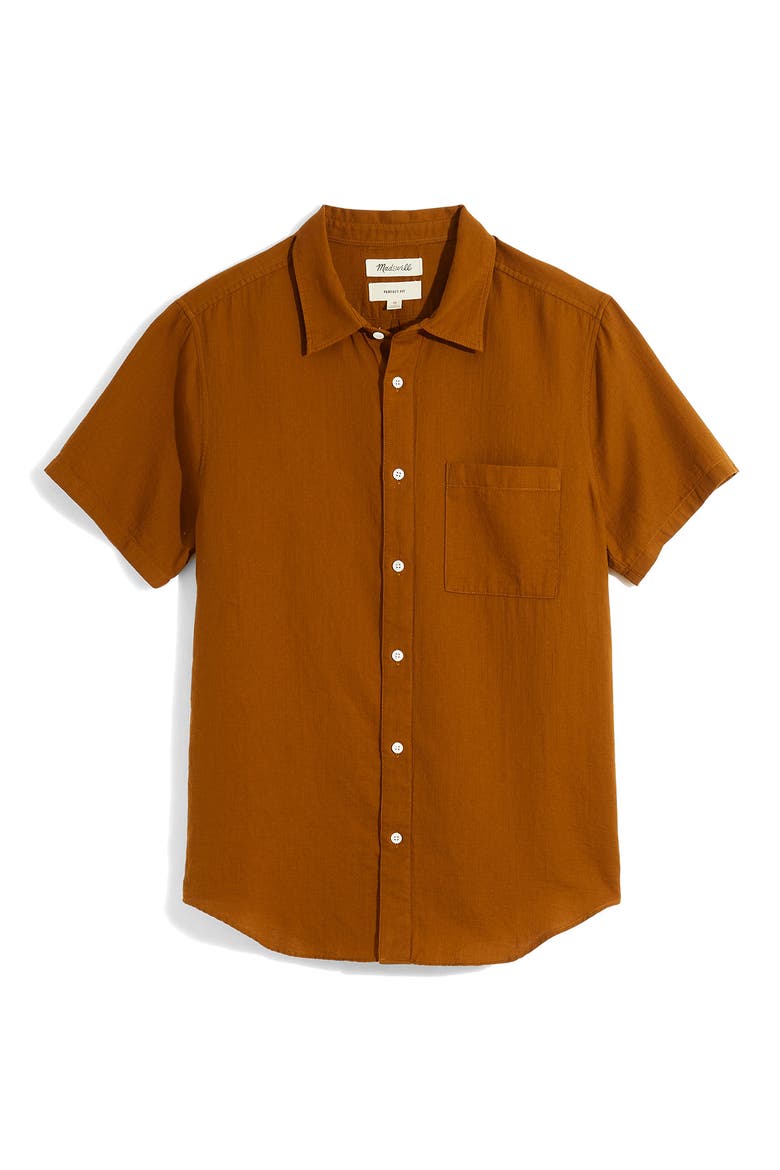 Perfect Textured Short Sleeve Button-Up Shirt, Alternate, color, DRIED CEDAR